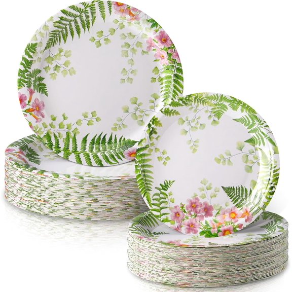 48 Pcs Fern Garden Plates Set Include 9 Inch and 7 Inch Spring Watercolor Disposable Plates Summer Decorative Dinner Birthday Party Tableware for Baby Shower Party Supplies