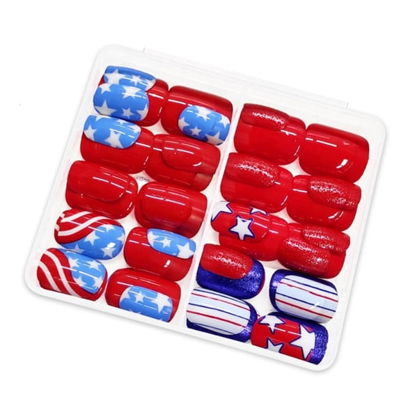 48 Pcs Five-Pointed Star Stick on Nails 4th of July Artificial Nails Short Square False Nails Glittering