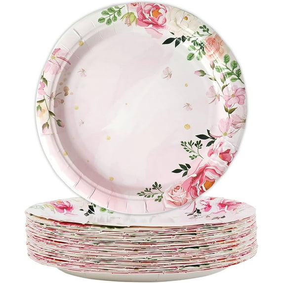 48 Pcs Floral Paper Plates 7" Pink Girls’ Birthday Party Disposable Dessert Plates Supplies Decorations Tea Party Plates Tableware for Wedding Baby Shower