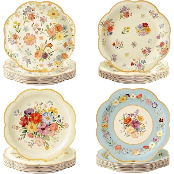 48 Pcs Floral Vintage Disposable Tea Paper Plates, 9 Inch Dinner Flower Plates for Mother's Day, Birthday, Wedding, Garden Party Events, Spring Themed Celebration, Serves 48 Guests