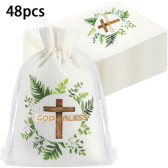 48 Pcs God Bless Drawstring Gift Bags, Religious Favor Bags with Cross Design, Small Party Favor Pouches for Church Events Baptism Communion Wedding Guest Gifts Candy Treat Bags