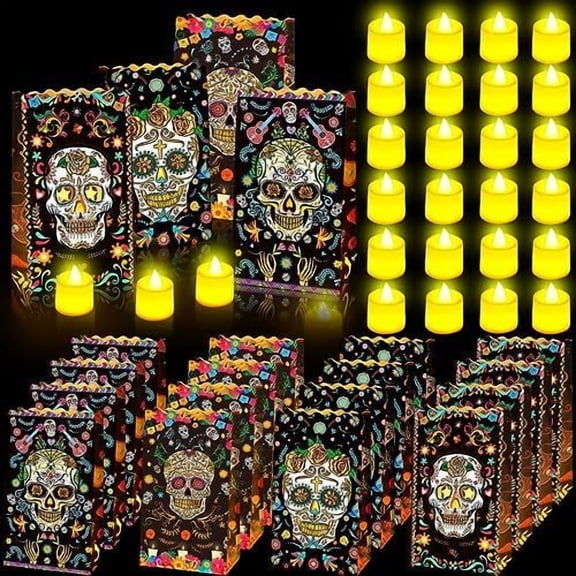 48 Pcs Halloween Day of The Dead Luminary Bags with Flameless Tea Lights 24 Pcs Black Dia de Muertos Flame Resistant Candle Bags 24 Pcs LED Light Candle$$Electronics Accessories