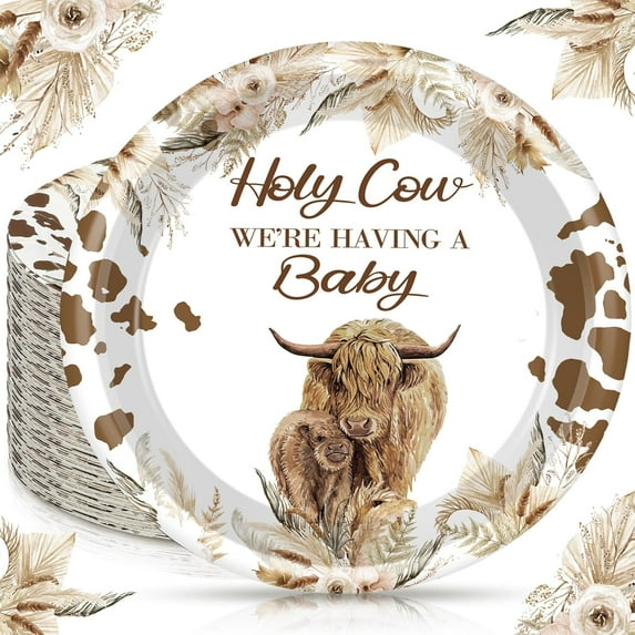 48 Pcs Highland Cow Baby Shower Decorations Holy Cow Paper Plates 9'' Cattle Baby Shower Plates Rustic Farm Animal Tableware Western Cowboy Decoration for Birthday Wedding Party Supplies