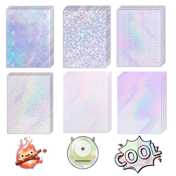 48 Pcs Holographic Stickers Paper, Back to School 8.5x11 Inch Printable Vinyl Glossy Sticker Self Adhesive Rainbow Printer Paper for Inkjet and Printer Waterproof Vinyl Glitter Laminate Sheets