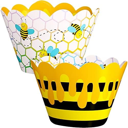48 Pcs Honey Bee Cupcake Wrappers Bee Party Baking Cups Wrappers Cake Decorations Yellow Stripes Cup Cake Holder for Baby Shower Birthday Party Decoration Supplies$$Home Decor, Kitchen, & Other