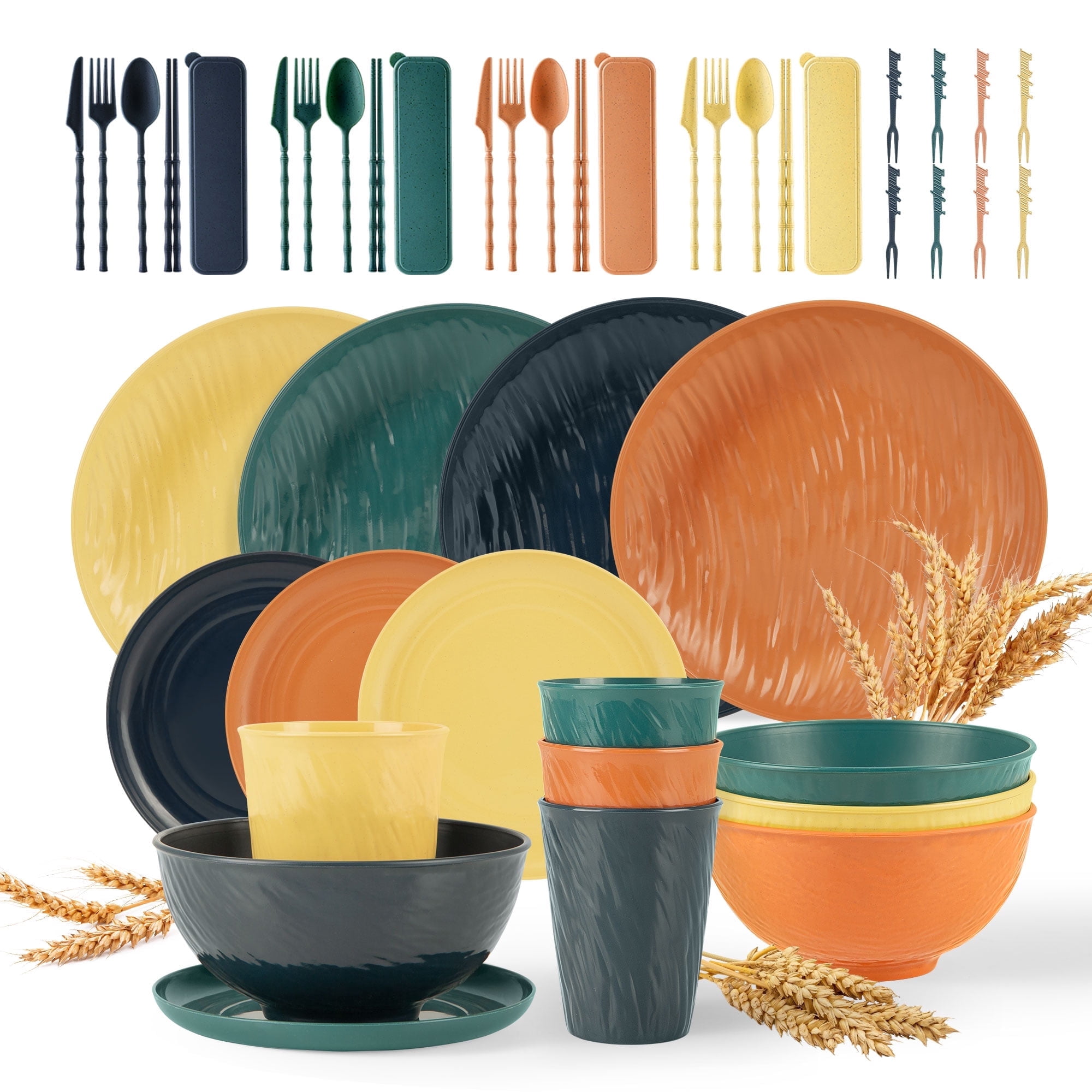 GPED 48 Pcs Imitation Rock Texture Wheat Straw Dinnerware Sets For 4 ...