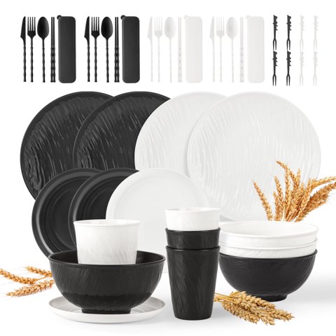 GPED 48 Pcs Imitation Rock Texture Wheat Straw Dinnerware Sets For 4, Unbreakable Plates and Bowls Sets, Reusable Plastic Dish Set, Travel Camping Cutlery Set, Dishwasher Safe, Black & White