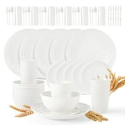 GPED 48 Pcs Imitation Rock Texture Wheat Straw Dinnerware Sets For 4, Unbreakable Plates and Bowls Sets, Reusable Plastic Dish Set, Travel Camping Cutlery Set, Dishwasher & Microwave Safe, White