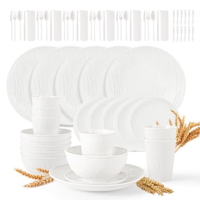 GPED 48 Pcs Imitation Rock Texture Wheat Straw Dinnerware Sets For 4, Unbreakable Plates and Bowls Sets, Reusable Plastic Dish Set, Travel Camping Cutlery Set, Dishwasher & Microwave Safe, White