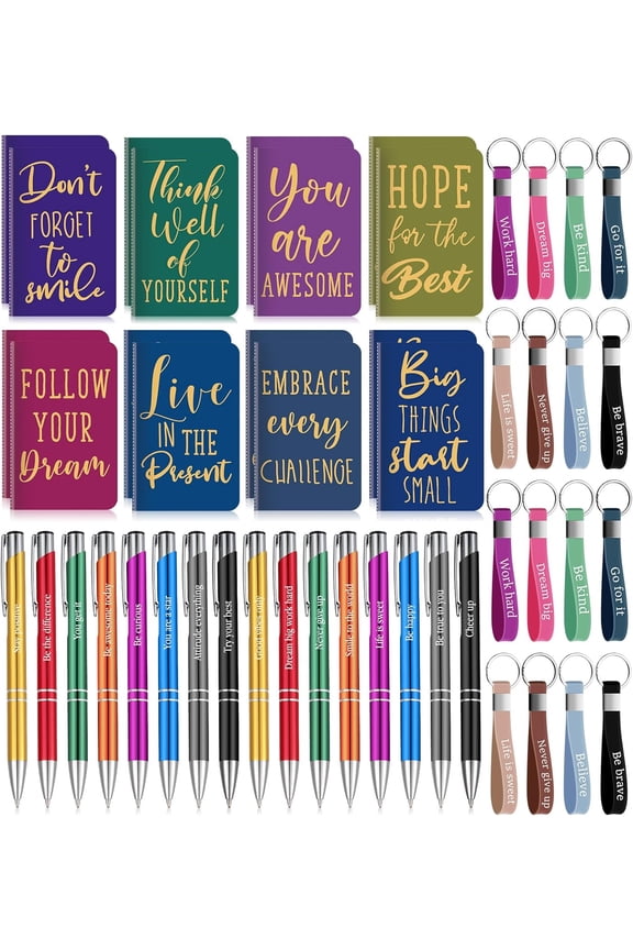 48 Pcs Inspirational Gifts Set Inspirational Quote Notepads 3 x 5 Inch Motivational Ballpoint Pens Keychains Bulk Colorful Journal Notebooks for School Office Party Favor Supplies