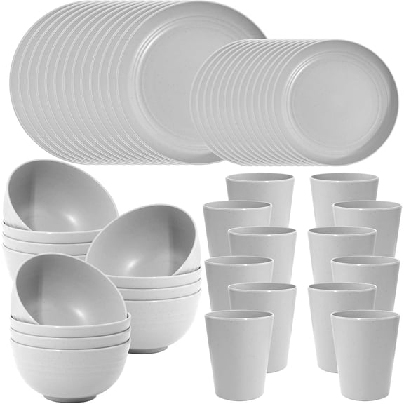 48 Pcs Light Grey Plastic Wheat Straw Dinnerware Plates and Bowls Set,Camping Dish Set for 12, Dishwasher Safe Dinnerware Sets, Unbreakable Plates,Camping Dish Sets