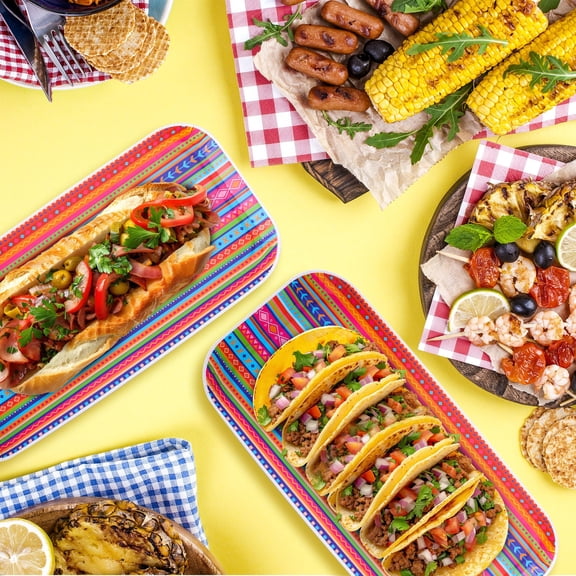 48 Pcs Mexican Food Serving Trays, Small Size 10.6'' x5'' Cinco De Mayo Paper Serving Platter, Colorful Striped Mexican Fiesta Plates for Single Taco Nacho Snack Themed Party Supplies
