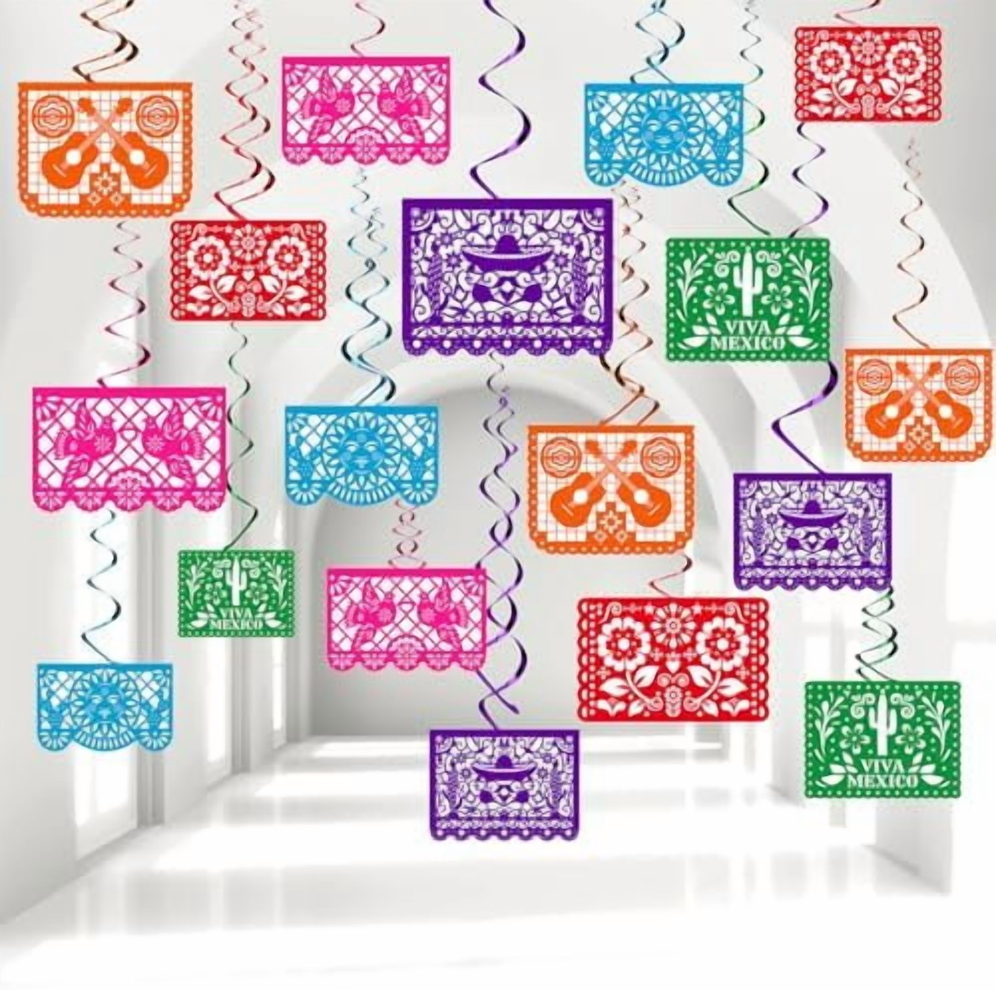 Preboun 91-Piece Mexican Dia De Los Muertos Decor Kit - Includes Faux Marigolds, Garlands, Swirl Decorations & Striped Tablecloth (Rose Red)