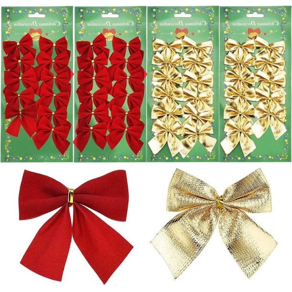 48 Pcs Mini Christmas Bow Red Ribbon Bow Tie Wreath Ornaments for Christmas Tree Hanging Decor, Gold Mixed Red