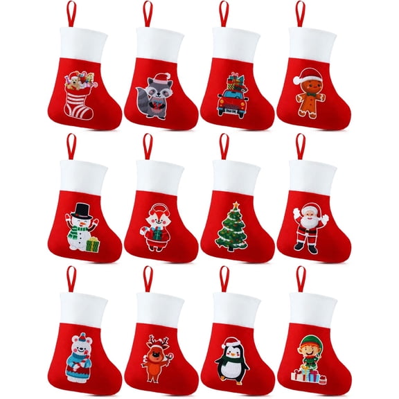 48 Pcs Mini Christmas Stockings Small Stockings Bulk Red Felt Mini Stockings Traditional Stockings Christmas Stocking Holder Reindeer Santa Snowman Stockings Ornaments for Home Gifts Decor