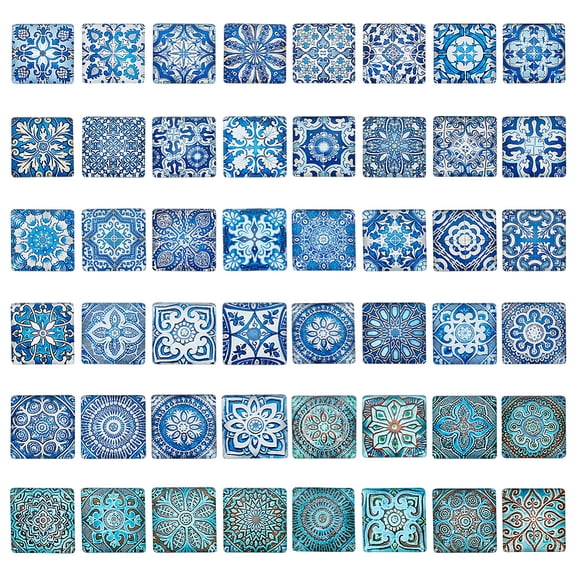 48 Pcs Mosaic Printed Glass Cabochons 25mm(1inch) Glass Square Flat Cabochon Beads Square with Floor Tile Pattern CabochonsDIY