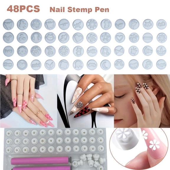 48 Pcs Nail Stamp Pen Set, Nail Art Pens with Interchangeable Stamp Heads, Quick Nail Art Tools with 48 Unique Patterns, Flower Butterfly Rose DIY Nail Stamping Pen Kit, Nail Design Tools for Women