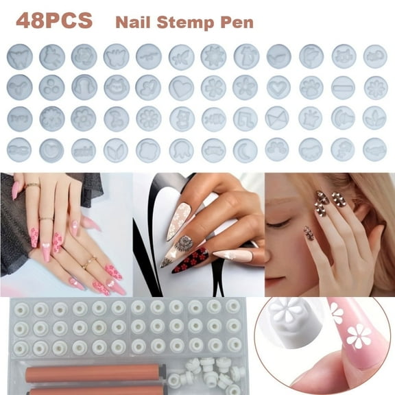 Ecoflick 48 Pcs Nail Stamp Pen Set, Nail Art Pens with Interchangeable Stamp Heads, Quick Nail Art Tools with 48 Unique Patterns, Nail Design Tools for Women