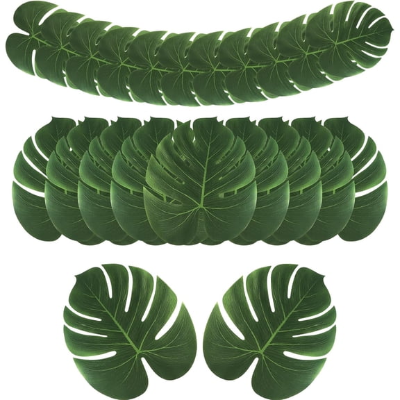 48 Pcs Palm Leaves, Artificial Tropical Monstera Fake Leaves, Fake Palm Leaf for Safari Jungle Hawaiian Dinosaur Luau Party Table Decor Wedding Birthday Theme Greenery Party Table Decorations