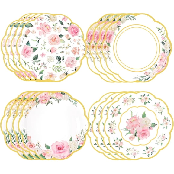 48 Pcs Paper Plates 9 Inch Eucalyptus Flower Disposable Party Decorations Gold Foil Edge Plate Tea Party Decor for Pink Greenery Wedding Bridal Shower Baby Shower Birthday(Floral)