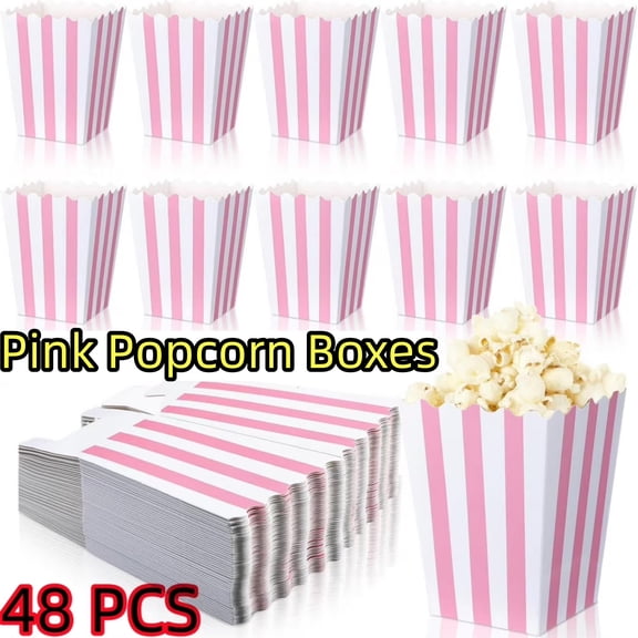 48 Pcs Pastel Pink Popcorn Boxes Small Large Pink and White Striped Paper Popcorn Bags Candy Containers for Birthday Party Favor Supplies(4 x 3 Inches, Small)