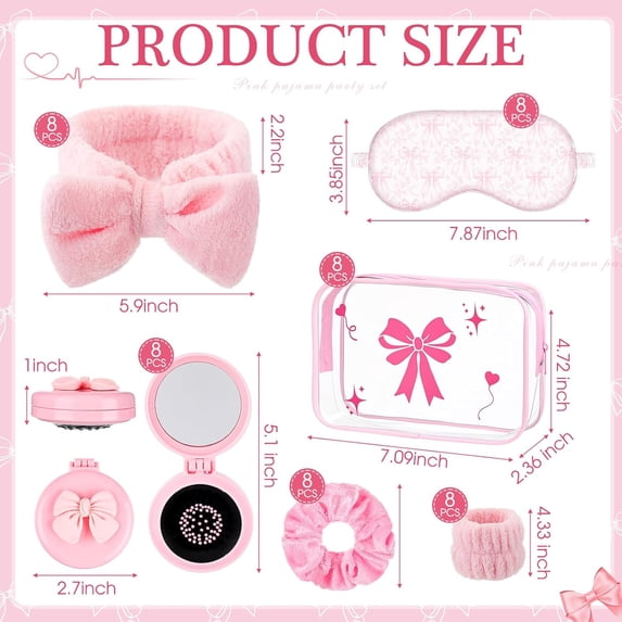 48 Pcs Pink Bow Party Favors Set with Hairbrush Mirror Eye Mask Headband Scrunchie Makeup Bag for Sleepover Spa Trip Weekend Girls Gifts