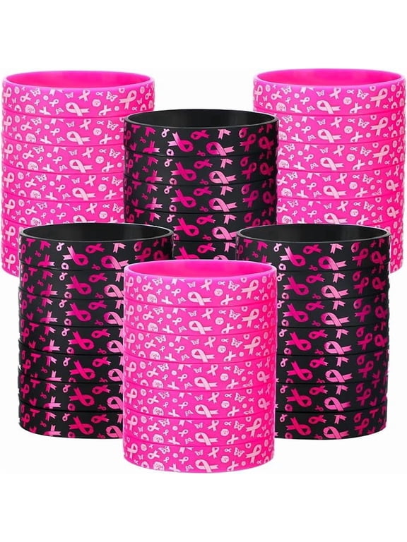 48 Pcs Pink Ribbon Breast Cancer Awareness Silicone Bracelets for Women