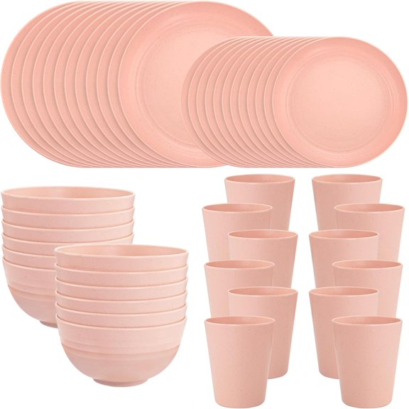 48 Pcs Pink Wheat Straw Dinnerware Set, Plastic Plates and Bowls Dinnerware Set, Camping Dish Sets for 12, Dishwasher Safe,Unbreakable Plates Reusable, Dish Tableware