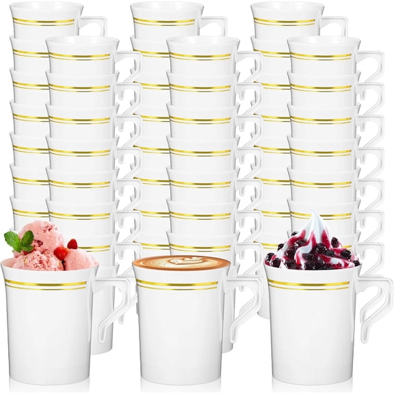 48 Pcs Plastic Coffee Cups with Rim, 8 oz Heavyweight Gold Rimmed Tea Cups, Plastic Hot Cold Beverage Drinkware for Weddings Cafe Bridal Shower Engagement Party Camping Travel, White