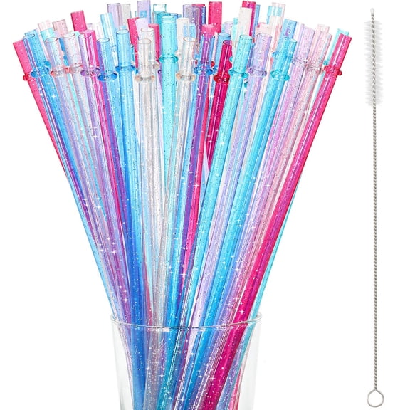 48 Pcs Plastic Straws with Team Bride Flags Glitter Straws Reusable Drinking Straw Thick BPA-Free Glitter Drinking Straw Accessories (Red, Dark Blue, Pink, Champagne, Purple, Blue)