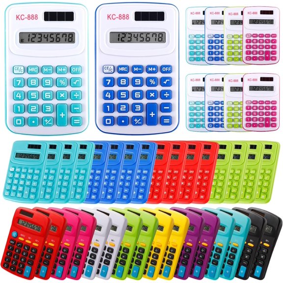 48 Pcs Pocket Calculator, Pocket Size Basic Calculators, 3 Styles | 8 Digit Display Solar Battery Dual Power Desktop Calculators, Mini Calculator for Students Home Office