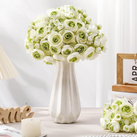 48 Pcs Ranunculus Artificial Flowers Real Touch Peonies Silk Faux Bouquet for Wedding Bridal Shower Valentine Centerpieces Arrangements Home Decorations White Green