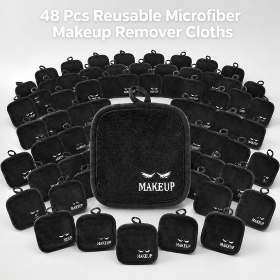 48 Pcs Reusable Makeup Remover Cloths Soft Black Microfiber Face Towels 5x5 Inch Washable Facial Cleaning Pads for Skincare Lovers, Travel Friendly Makeup Removal Cloth Set for Daily Bathroom Routine