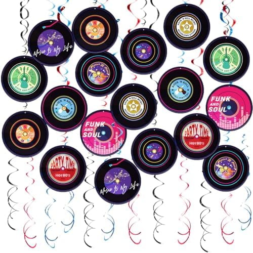 48 Pcs Rock and Roll Party Decorations Vintage Record Streamer with Hanging Swirls Ceiling Decor Retro Record Paper Garlands for 50s 60s 80s Theme Rock Music Birthday Supplies