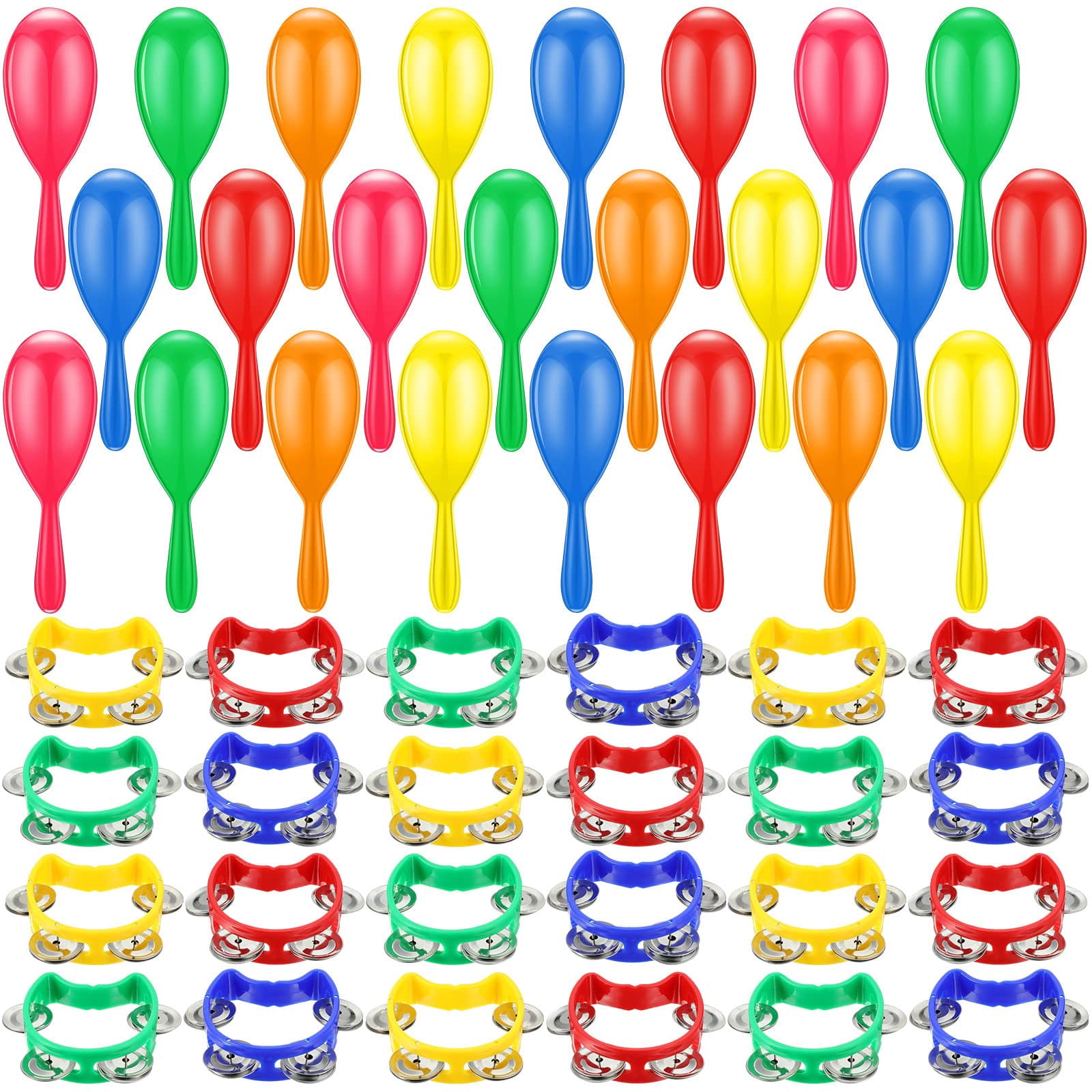 48 Pcs Shaker Musical Instruments Noise Makers Bulk Including 24 Percussion Tambourines Bell And 24 Mini Neon Maracas Shakers Handheld Tambourine Rhythm Gift Party Favor