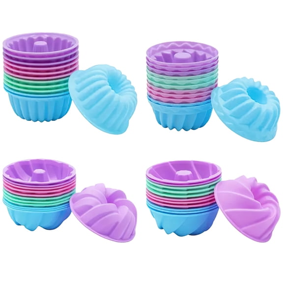 48 Pcs Silicone Baking Cups Set, Include 4 Shapes Mini Fluted Tube Molds, Non-Stick Doughnut Cups, Reusable Muffin Liners in Macaron Colors for Baking, Each about 1.5 x 3.1 in