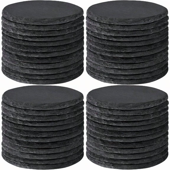 48 Pcs Slate Drinks Coasters 4 Inch Handmade Black Rustic Rock Stone Coaster Set Laser Engraving Blanks with AntiScratch Backing for Engraver Home Decor Bar Gifts Round