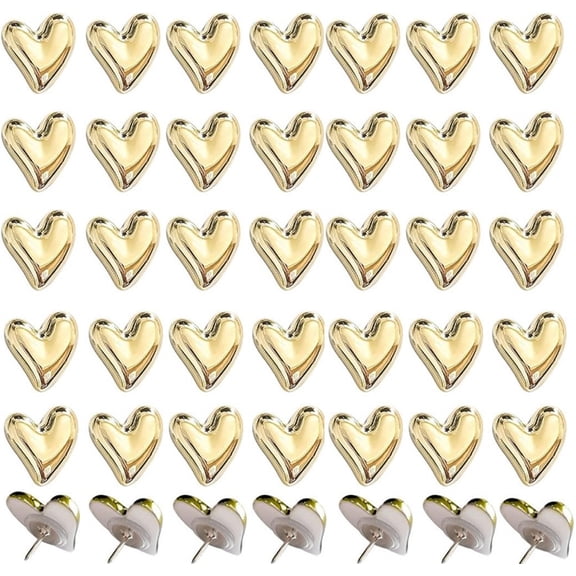 48 Pcs of Soft Wooden Board Thumbtack,Bexikou Heart Push Pins Decorative Drawing Pins for Photo Walls, Memos, Whiteboards, and Decorative Thumbtack (Golden)