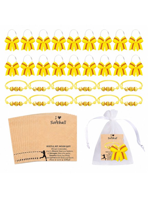 48 Pcs Softball Theme Party Favors Set, Baseball Keychain and Bracelet Gift Pack with Cards and Organza Bags, Team Event Gifts Bulk for Birthday Party Sports Celebration Souvenir