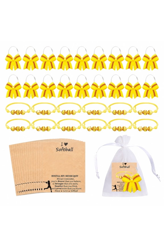 48 Pcs Softball Theme Party Favors Set, Baseball Keychain and Bracelet Gift Pack with Cards and Organza Bags, Team Event Gifts Bulk for Birthday Party Sports Celebration Souvenir