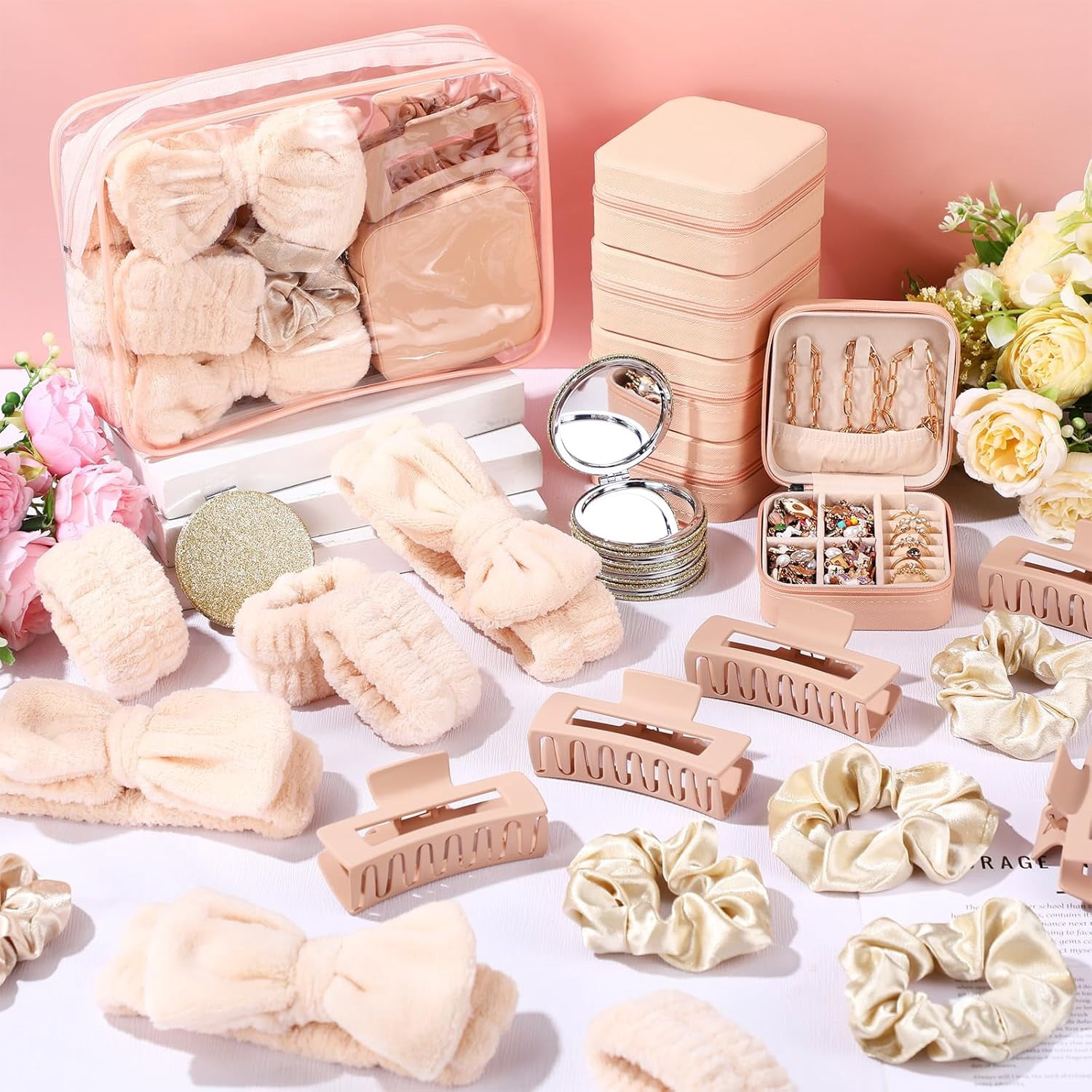 48 Pcs Spa Party Favors Sleepover Supplies Bow Headband Wristband Scrunchies Hair Clip Jewelry  Makeup Bag Mirror for Women Bridesmaid Gifts Graduation Gift (Beige)