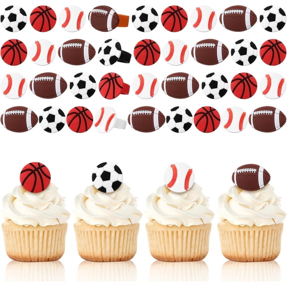 48 Pcs Sports Cupcake Toppers Basketball Softball Football Soccer Rings Picks Decoration for Sport Baby Shower Birthday Party Cake Supplies