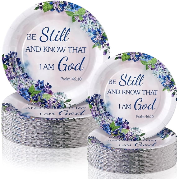 48 Pcs Be Still and Know that I am God Paper Plates Set Include 9 Inch 7 Inch Religious Psalm 46: 10 Texture Disposable Plates Christian Decorative Party Tableware for Spring Summer Table