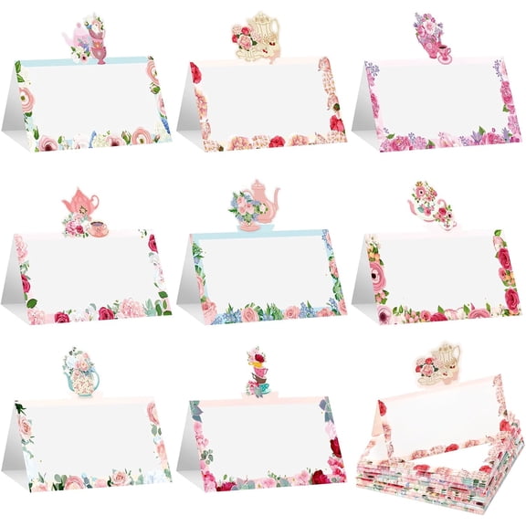 48 Pcs Tea Party Theme Place Card Floral Themed Tent Style Cards Teapot Seating Name Tags Flower Holders for Wonderland Placement