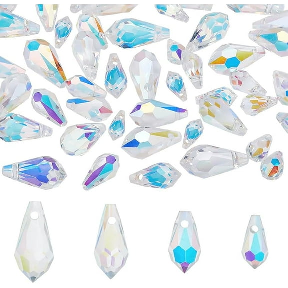 48 Pcs Teardrop Crystal Beads 4 Style Clear Crystal Grid Teardrops AB Top Drilled Faceted Teardrop Glass Beads Chandelier Dangle Pendant for DIY Jewelry Craft Making Suncatcher Home Decor