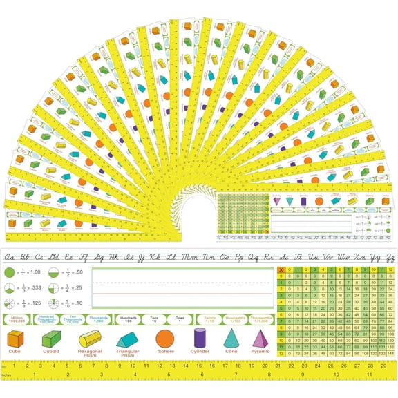 48 Pcs Traditional Manuscript Nameplates -Self Adhesive Multiplication Reference Name Tags -Student Desk Nameplates with Cursive Alphabet, Multiplication Chart, Fractions for 3rd Grade to 5th Grade