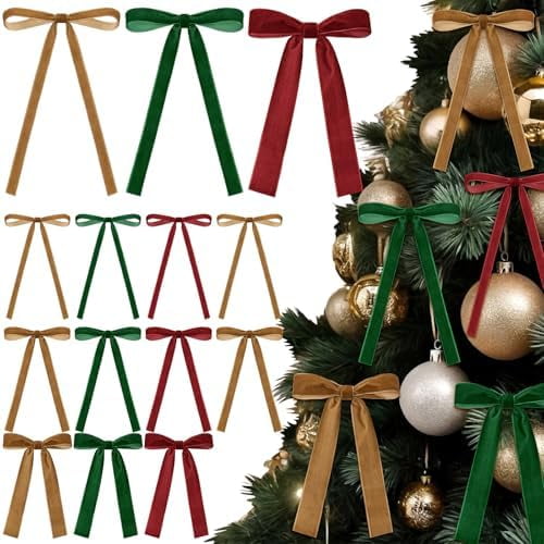 48 Pcs Velvet Christmas Wreath Bow Bulk Christma Velvet Bow Vintage Ribbon Bows Xmas Tree Bows for Christmas Autumn Garland Wedding Decoration 3 Size Width of 3/8'' 5/8'' 1'' (Classic Color)