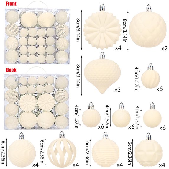 48 Pcs Velvet Flocked Christmas Balls,Shatterproof Ornaments with Multi-Size Multi-Style Designs,Hanging Baubles for Christmas Tree,Wreath & Holiday Home Decor,White