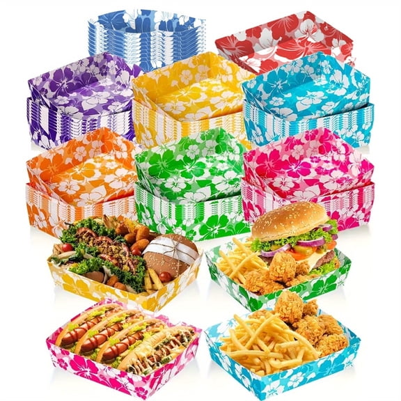 48 Pcs Vibrant Hawaiian Luau Party Food Trays Daily Use Tropical Paper Serving Trays Disposable Floral Snack Containers for Summer Party Beach Gathering Home Celebration Supplies