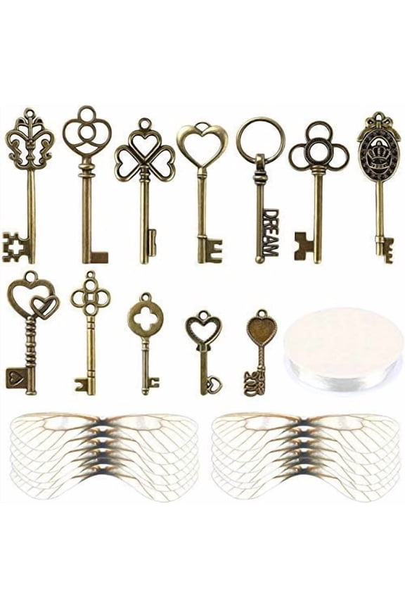48 Pcs Vintage Skeleton Keys Flying Keys Charms with 50 Pairs Dragonfly Wings and 30 Yards Elastic Crystal String for Room Decorations